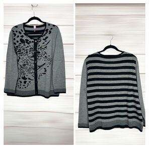 Basler Gray Wool Cardigan Black Print Rhinestones size 50 US 20